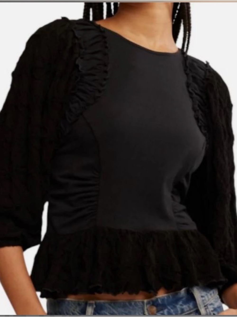 Free People Black Olivia Ruched Peplum Blouse Top XS NWT